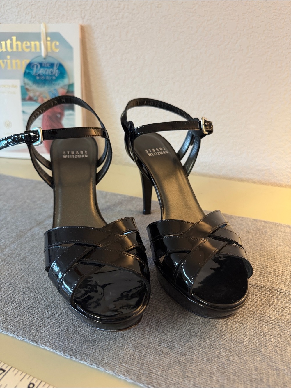 Stuart Weitzman Black Patent Leather Strappy Ankle-Heel Sandals